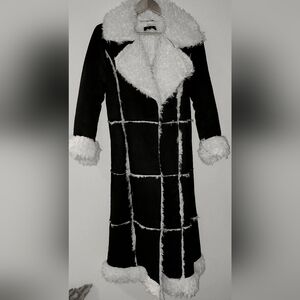 Shearling Faux Fur Jacket. Patch Stitching, Long with Fur Cuff and Hem, M, New